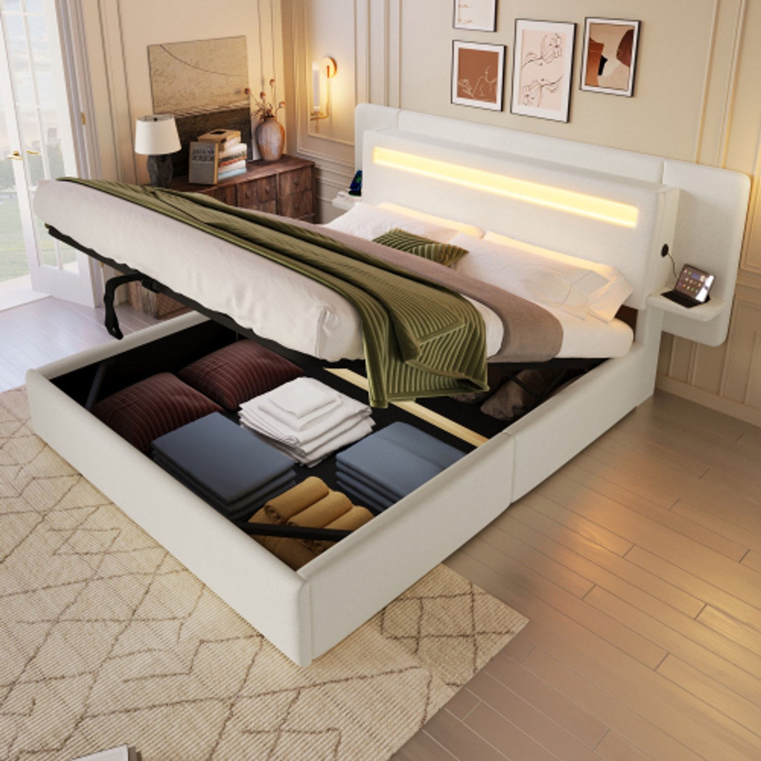 Zubaliya Kinderbed, Tweepersoonsbed, 140 x 200 cm Gestoffeerd bed, hydraulische opbergruimte, geïntegreerd nachtkastje & USB-aansluiting, meerkleurige LED-lichtstrip beige