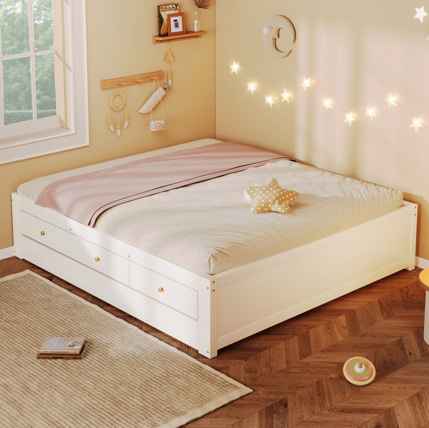MODFU Bed Met 3 Laden En Uitschuifbaar Logeerbed - MDF En Hout - Wit - 140 X 200 Cm