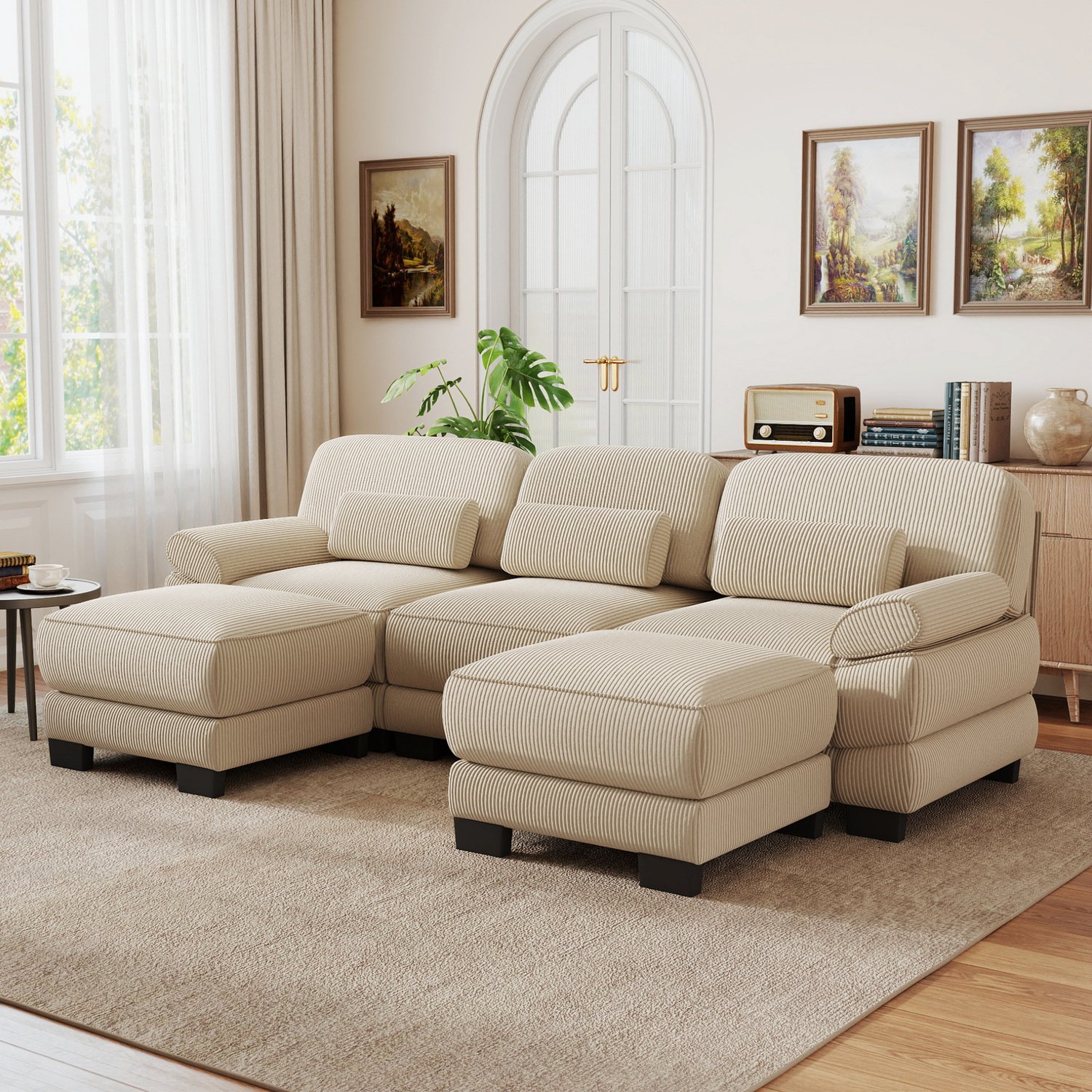 Wishdor U-bank met 3 zitplekken - Modulaire bank met 2 hockers - In L- of U-vorm te plaatsen - Zachte ribstof en dikke zitkussens - Voor kleine en ruime woonkamers - Beige - 265 x 161 x 94 cm
