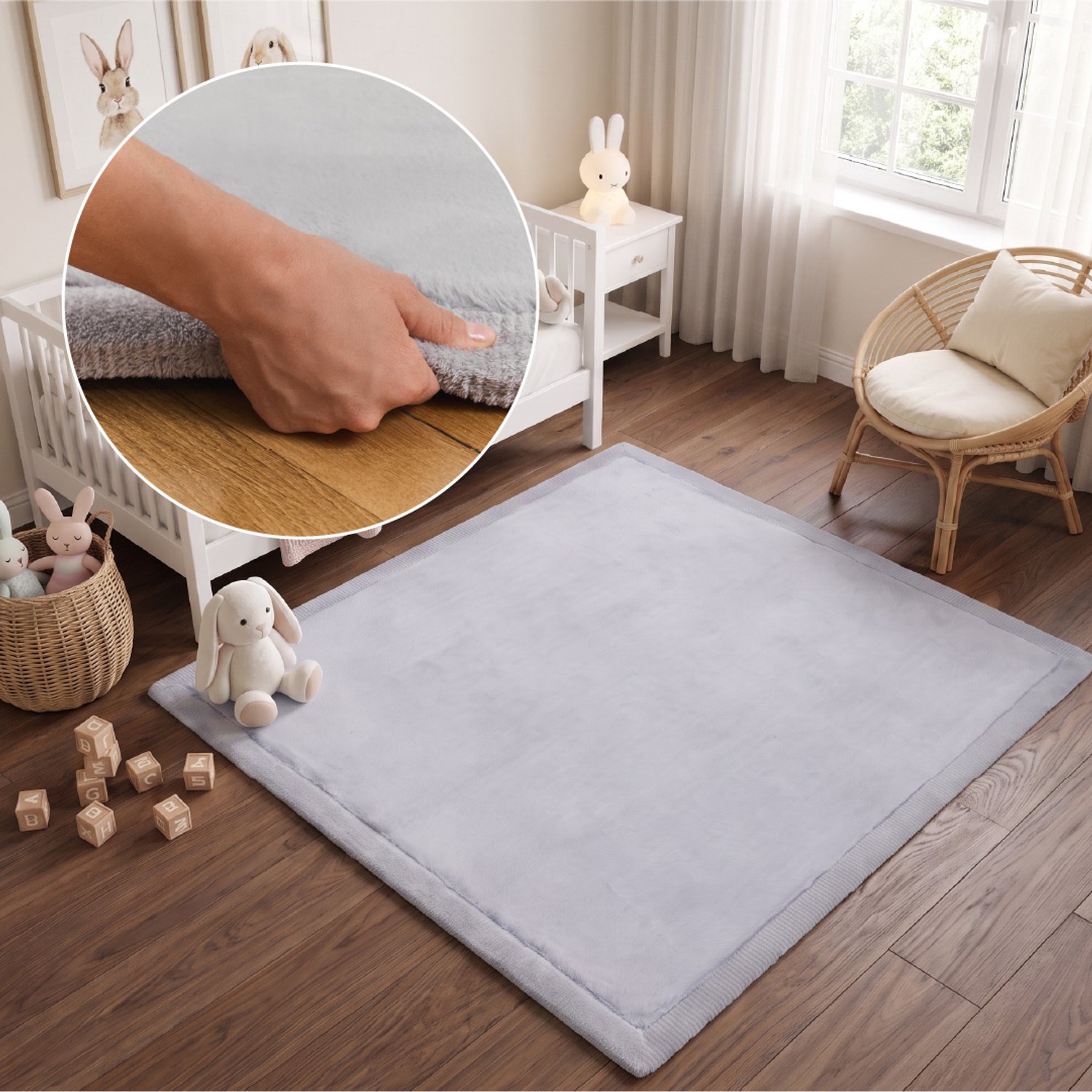 Tapiso Fluffin Vierkant Vloerkleed Lichtgrijs Traagschuim Zacht Antislip Wasbaar Kinderkamer Slaapkamer Tapijt Maat- 120x120