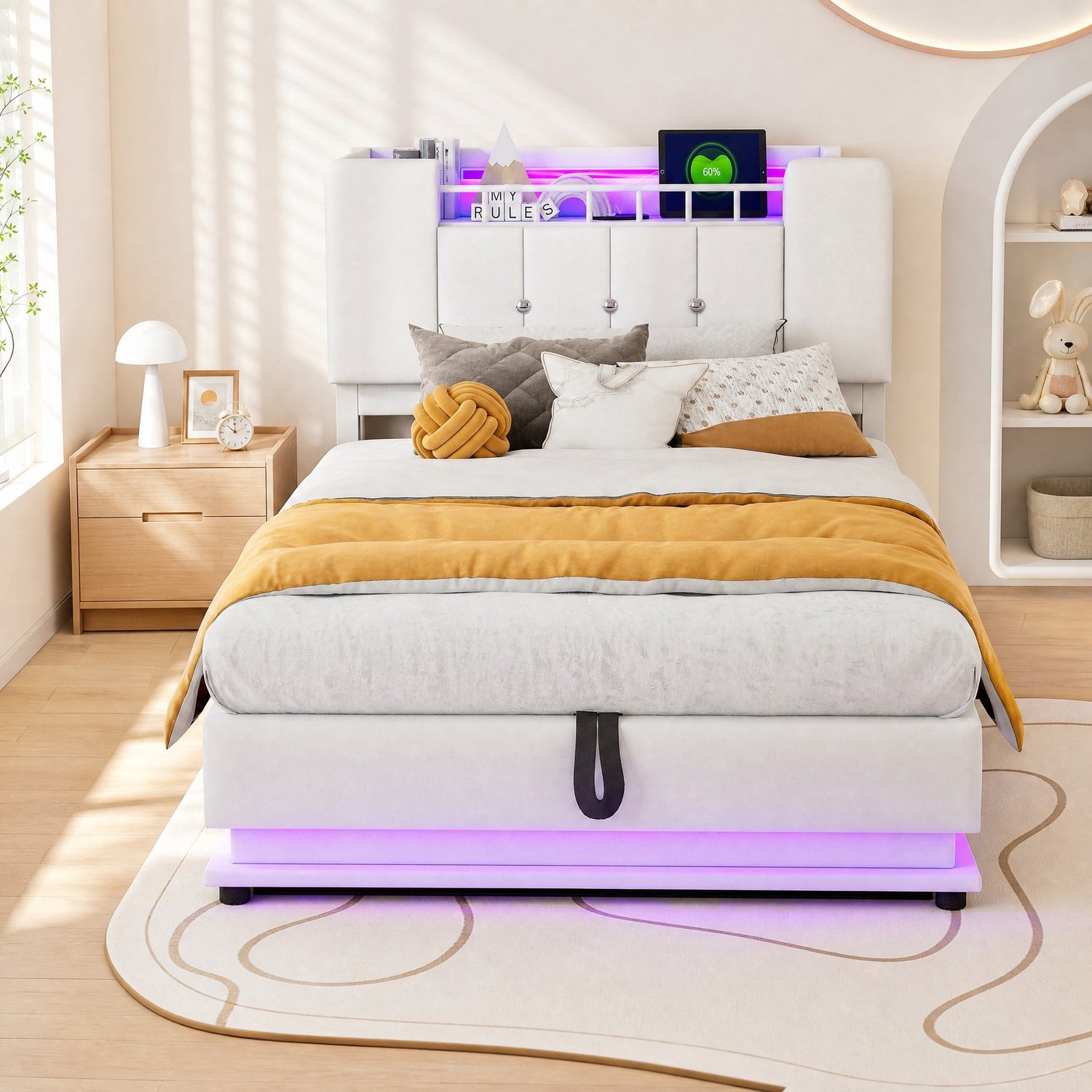 Maisentiel Kinderbed 90 x 200 cm - beige fluweel - LED, USB en hydraulische opbergruimte