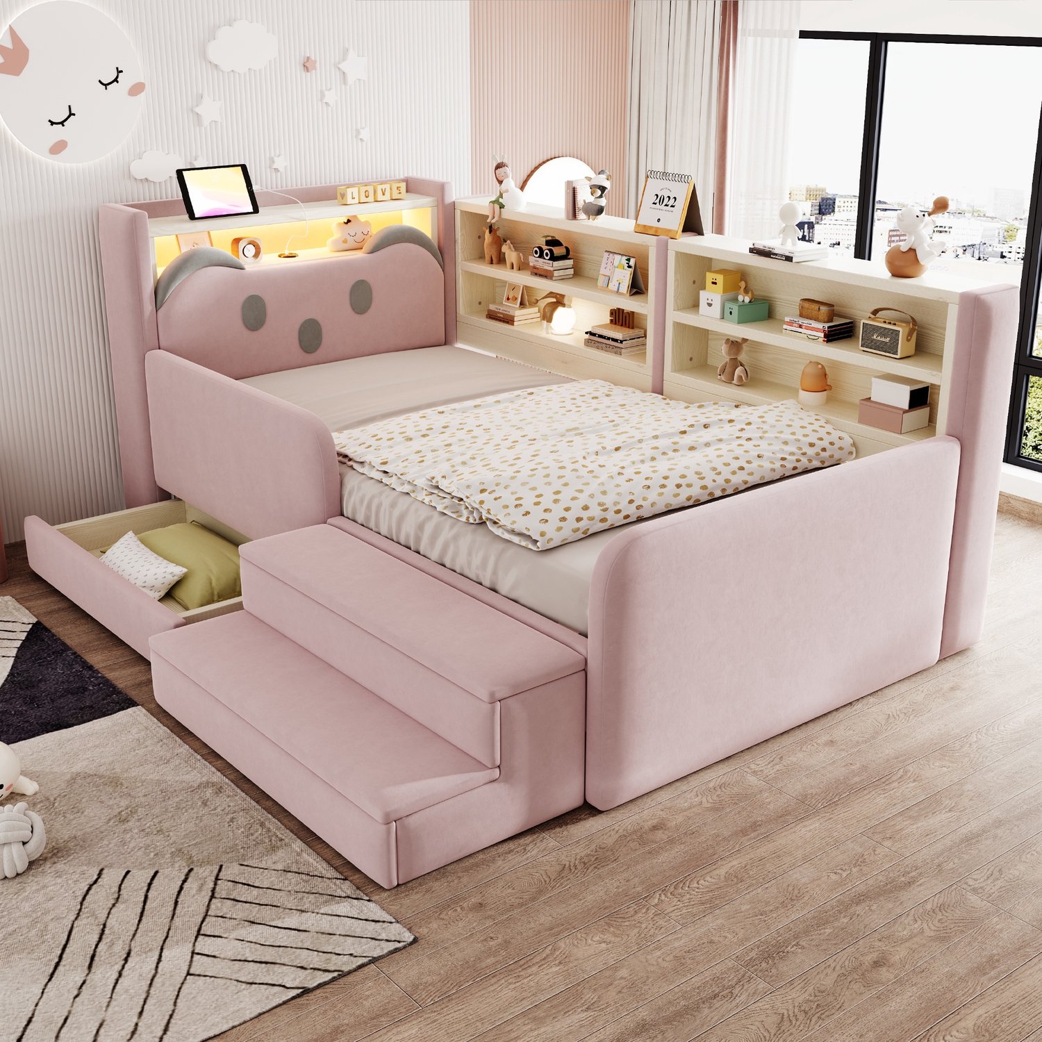 PHOEBE CAT Kinderbed - 90 × 200 cm - Gestoffeerd hoofdeinde - Opbergruimte -Met lade - LED-verlichting - Oplaadpoort - Velvet - Roze