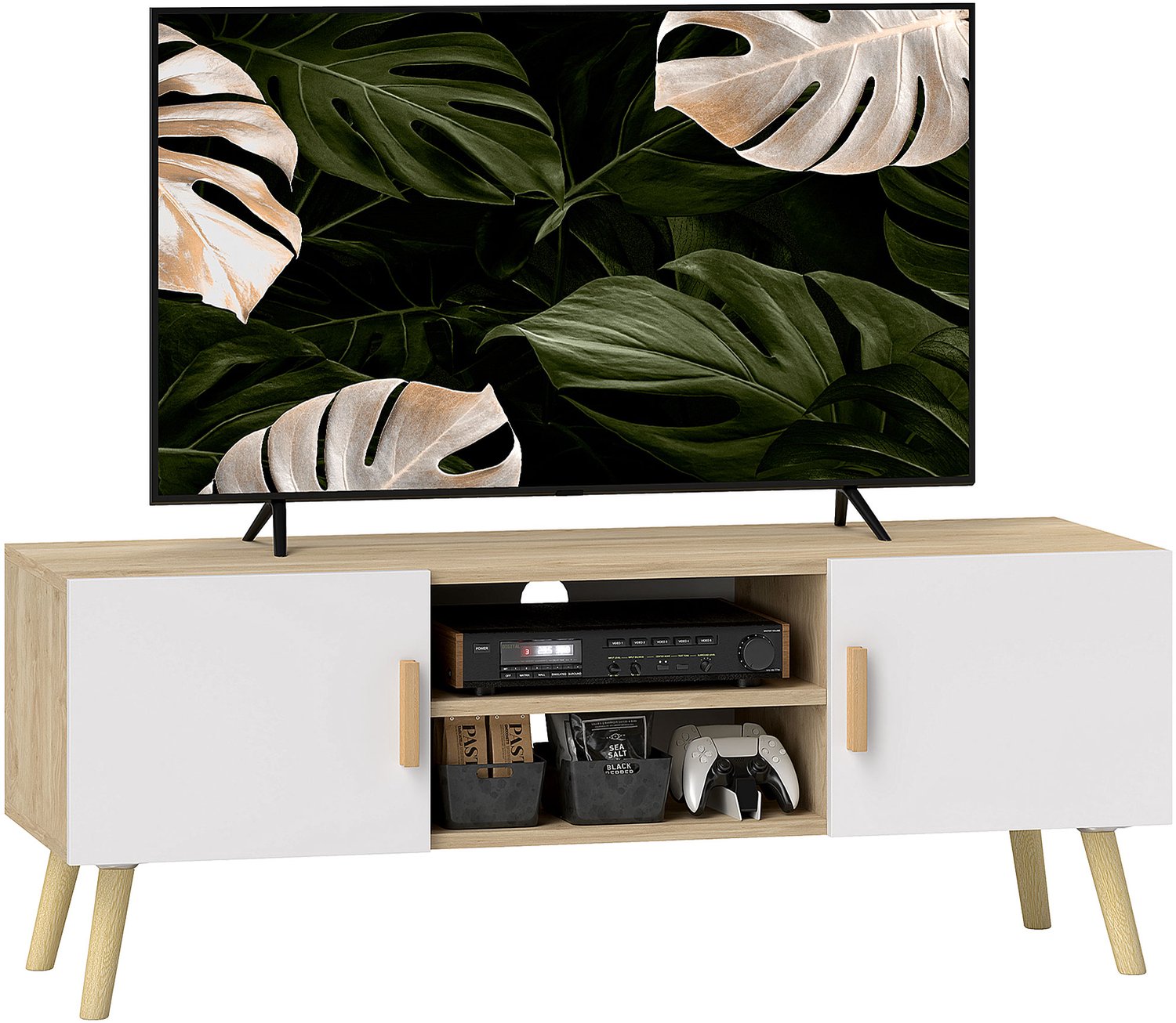 Lunpog TV-meubel, TV-meubel met verstelbare plank, voor tv's tot 50 inch, lengte 110 cm, Mid-Century Modern, voor woonkamer, slaapkamer, Met legplank, 2 opbergkasten en kabeldoorvoeren, eikenkleurig