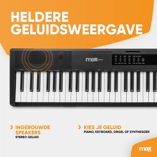 Bovenaanzicht van het Max Music keyboard met ingebouwde speakers en keuzemogelijkheden voor diverse klanken.