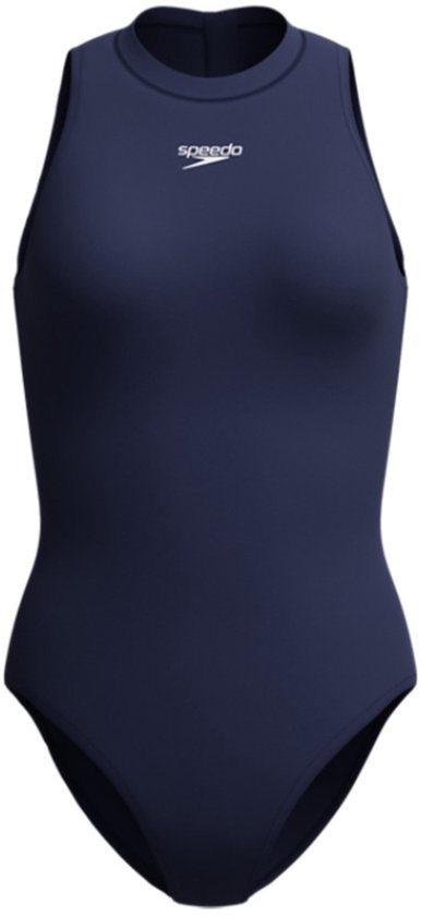 Marineblauw sportbadpak met hoge hals en wit Speedo-logo op de borst.