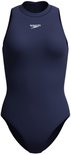 Marineblauw sportbadpak met hoge hals en wit Speedo-logo op de borst.