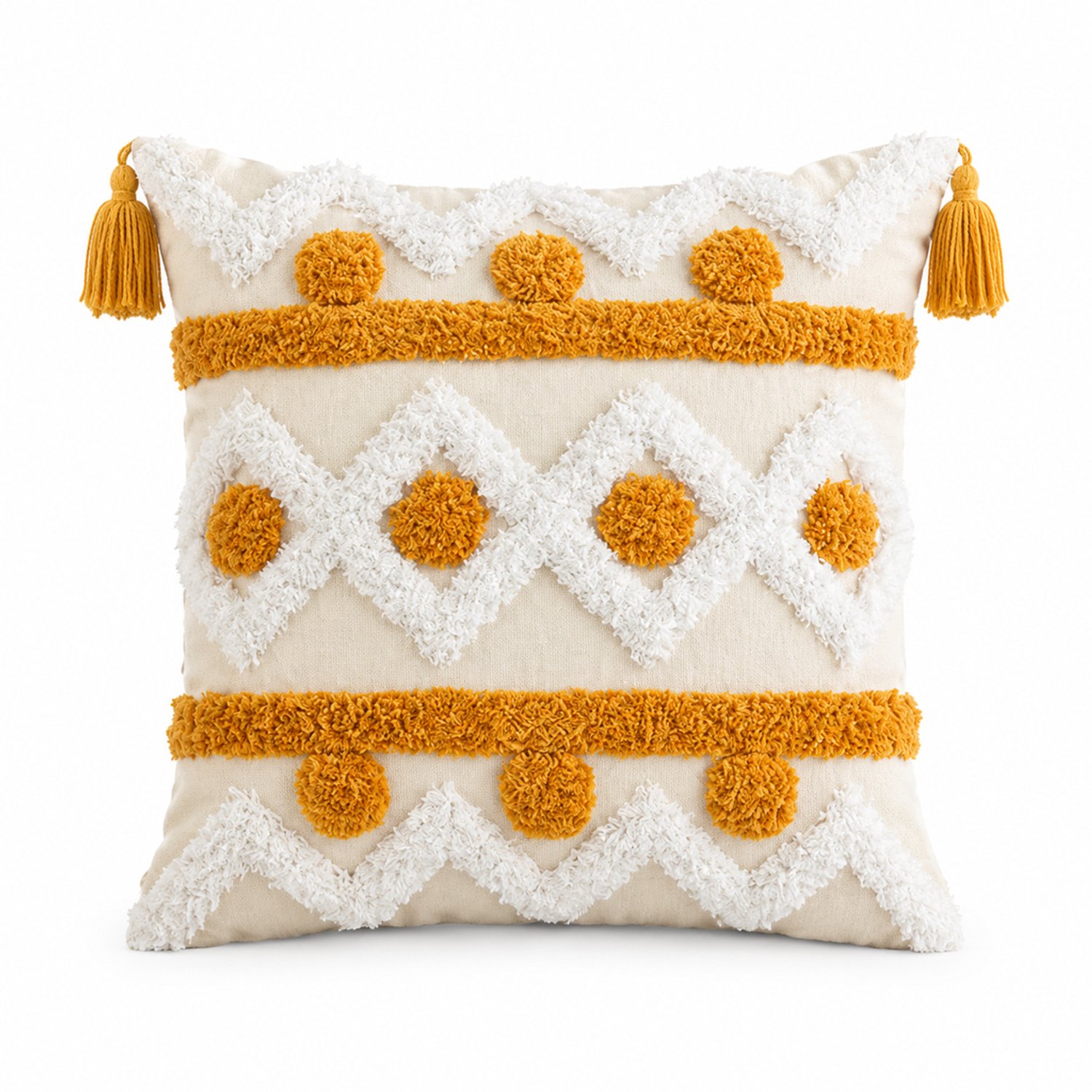 SWGOTA Katoenen kussenhoes 45 x 45 cm met geometrisch tuftpatroon en kwastjes - beige, wit en mosterdgeel - 1 stuk, zonder binnenkussen