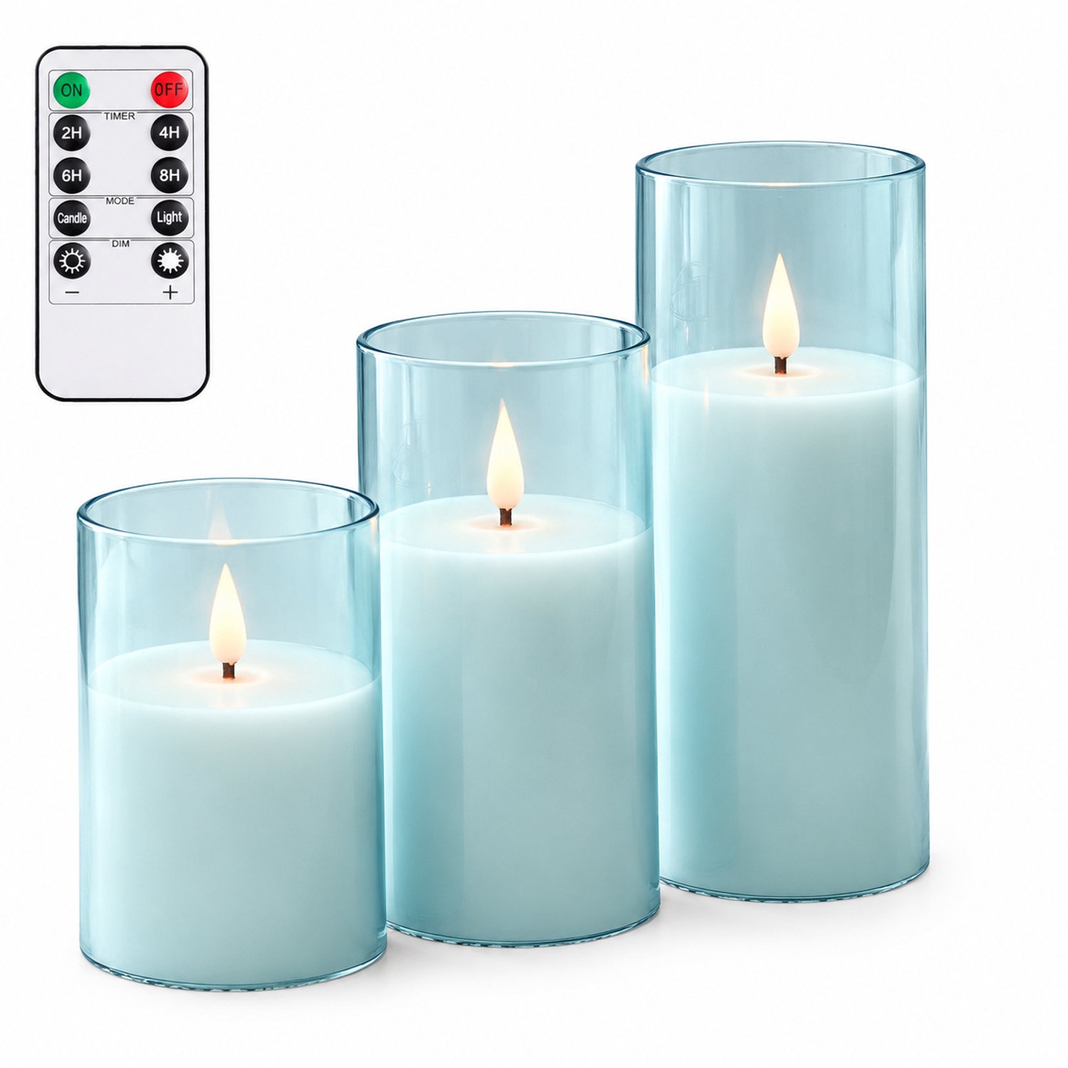 SWGOTA led kaarsen, 3 stuks per doos, lichtblauw met druppelvormige vlam en afstandsbediening, verschillende hoogtes voor bruiloften en verjaardagen
