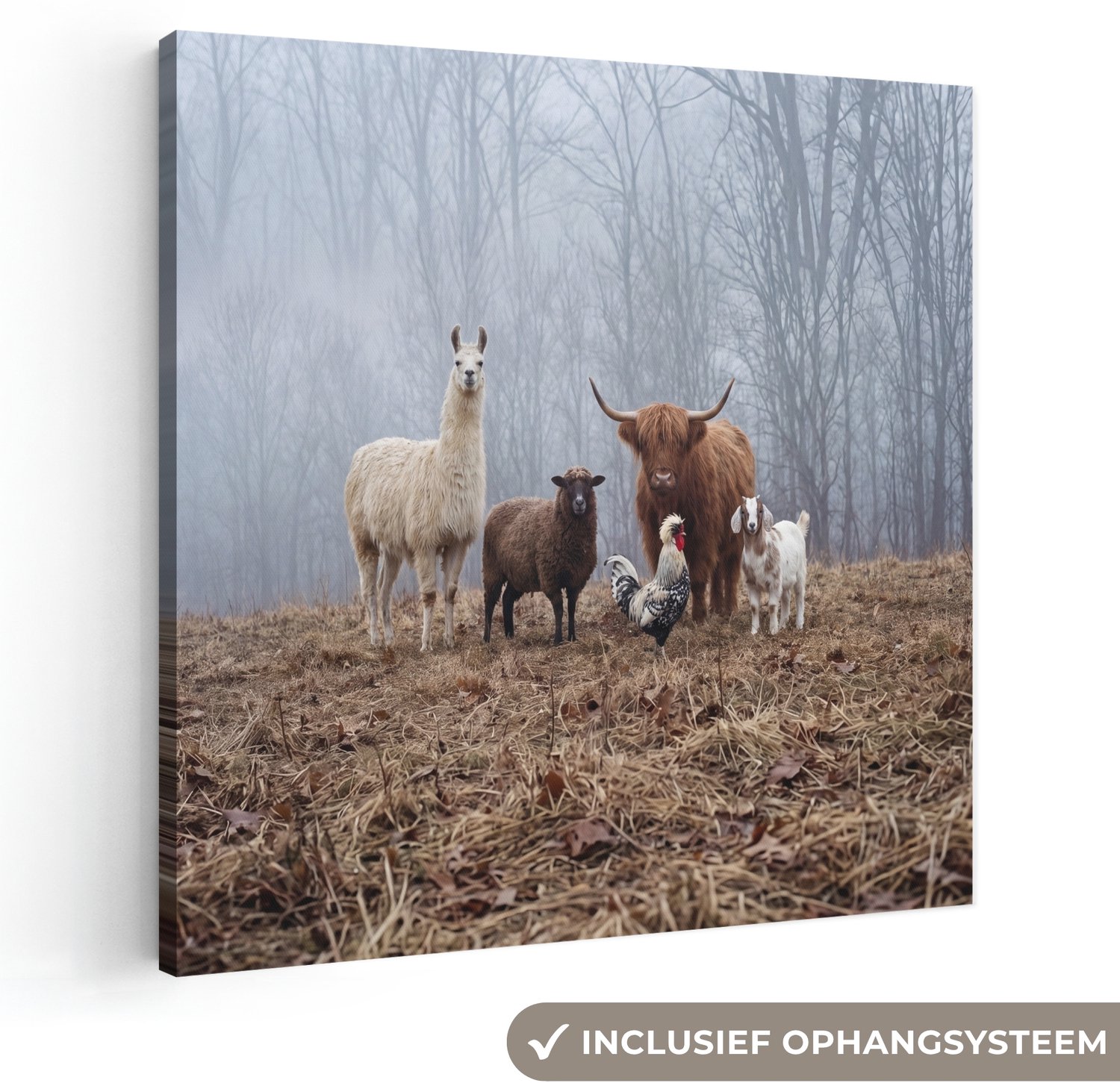 Canvas schilderij 50x50 cm - Exclusieve wanddecoratie Boerderijdieren - Groep - Mist - Natuur - Rustiek - Muurdecoratie woonkamer - Slaapkamer decoratie - Kamer accessoires - Schilderijen op canvas