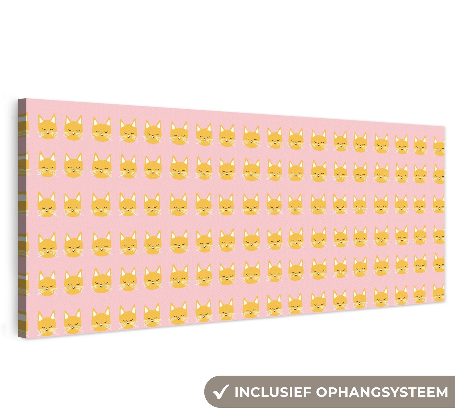 Canvas schilderij 300x100 cm - Exclusieve wanddecoratie Katten - Patroon - Roze - Muurdecoratie woonkamer - Slaapkamer decoratie - Kamer accessoires - Schilderijen op canvas groot XXL