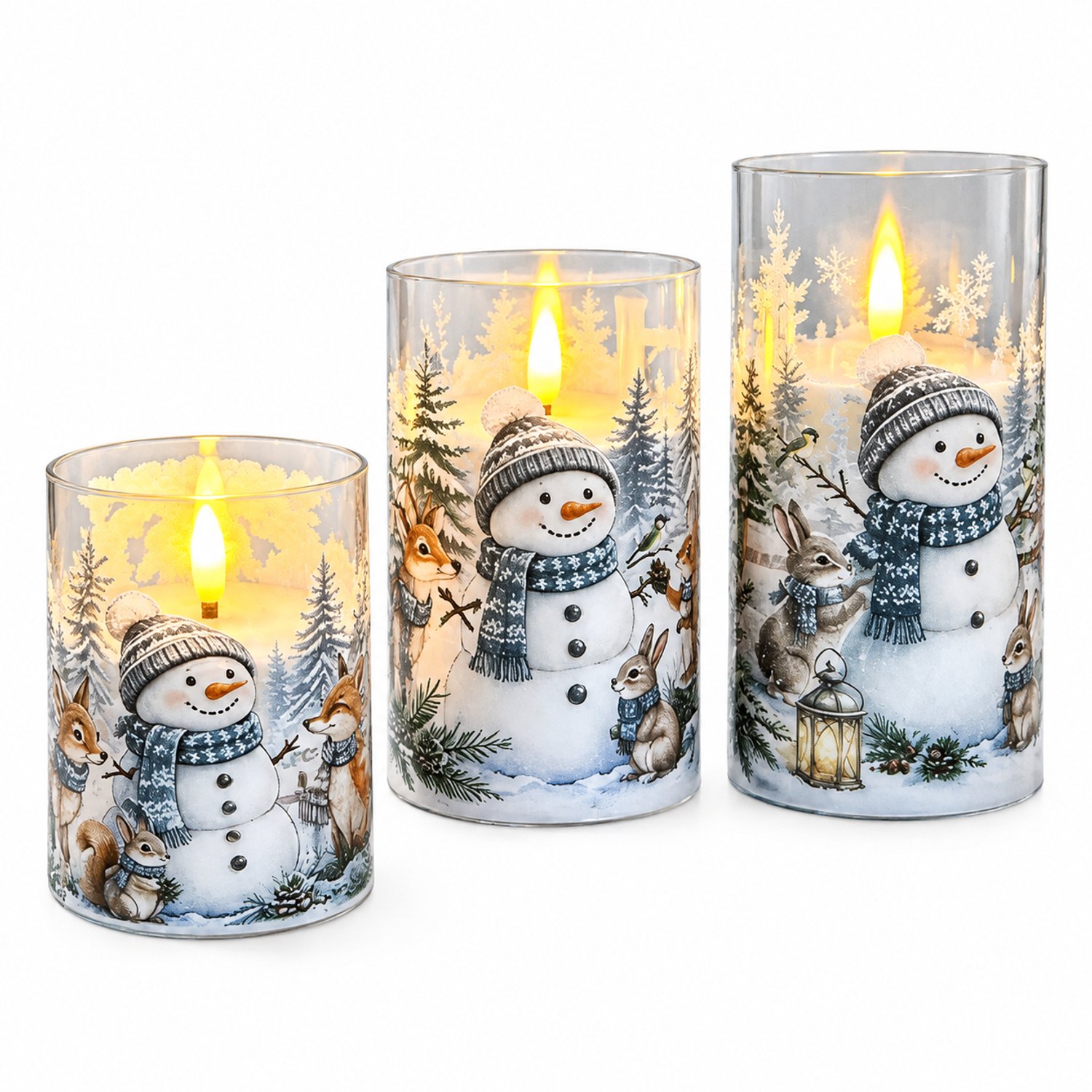 SWGOTA led kaarsen, set van 3 met kerst-sneeuwpoppen, cilindervorm in verschillende hoogtes, warm vlamvormig licht, op batterijen, zonder batterijen Bruin