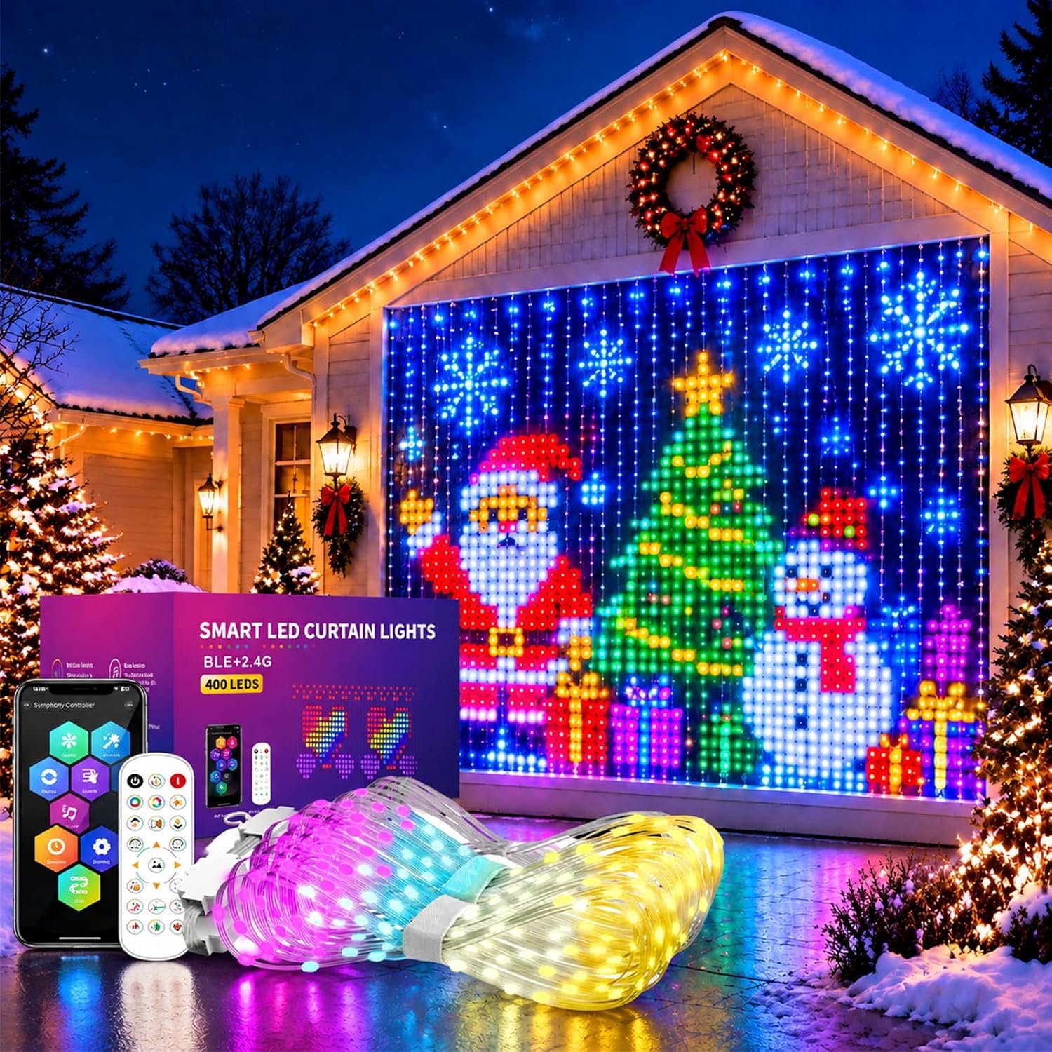 Kerst Slimme LED Lichtgordijn - App-Bediening en Afstandsbediening - Dimbaar, Muziekgestuurd & DIY Patronen - 400 RGB LED -1M×1M - Kerstversiering - Raamverlichting - Voor Kerst, Gordijnen, Buitenmuren