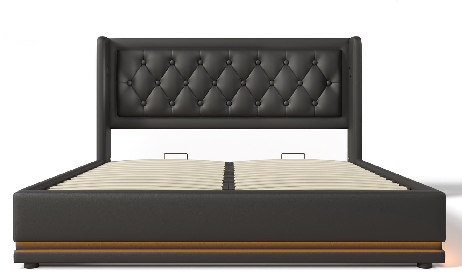 Merax 140x200 cm Hydraulisch Opbergbed - Zwart PU-Leder - Gestoffeerd Bed met LED-verlichting en USB Type-C Oplaadfunctie (Zonder Matras)