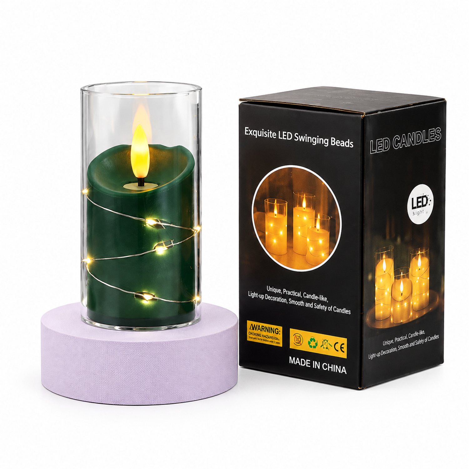 SWGOTA led kaarsen - 1 groene LED-kaars met omwikkeld lichtsnoer, 5,5 x 10 cm, inclusief batterijen, in doos
