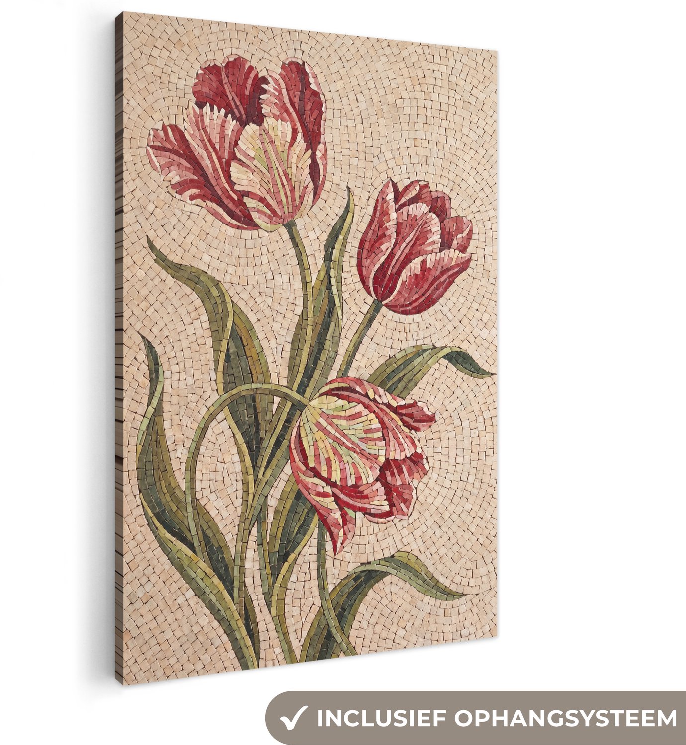 Canvas schilderij 80x120 cm - Exclusieve wanddecoratie Bloemen - Mozaïek - Rood - Groen - Kunst - Muurdecoratie woonkamer - Slaapkamer decoratie - Kamer accessoires - Schilderijen op canvas groot XXL