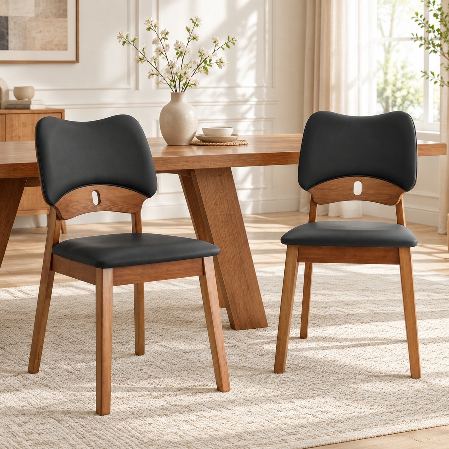 MODFU Eetkamerstoelen Set Van 2 - Gebogen Rugleuning - Gestoffeerde Zitting - Hout - Zwart Zwart en bruin