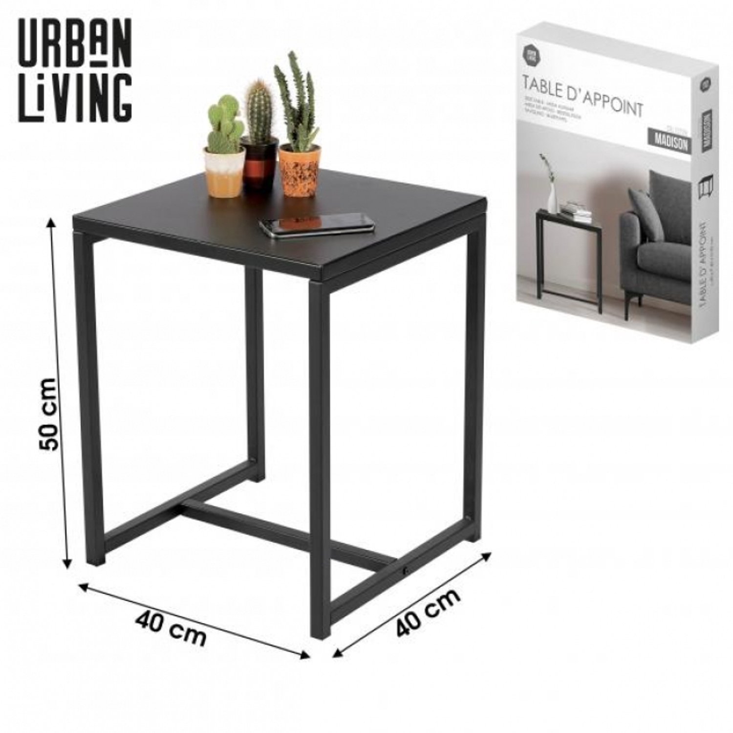 Urban Living MADISON - Moderne vierkante bijzettafel van zwart metaal - 40 x 40 x H50 cm