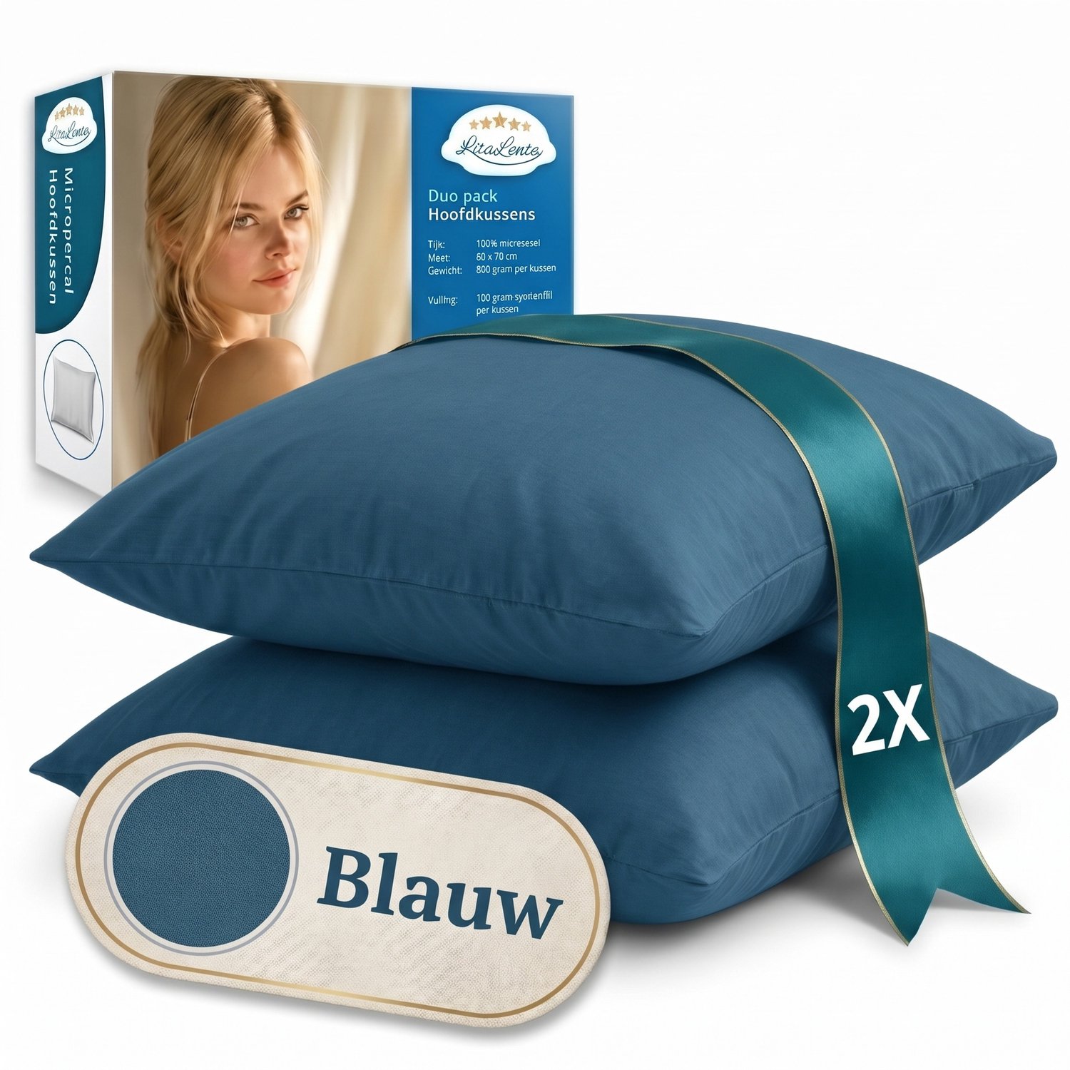 Litalente Hoofdkussen Set van 2 – 60x70 cm – Katoenen Tijk – Afneembare Hoes – Blauw