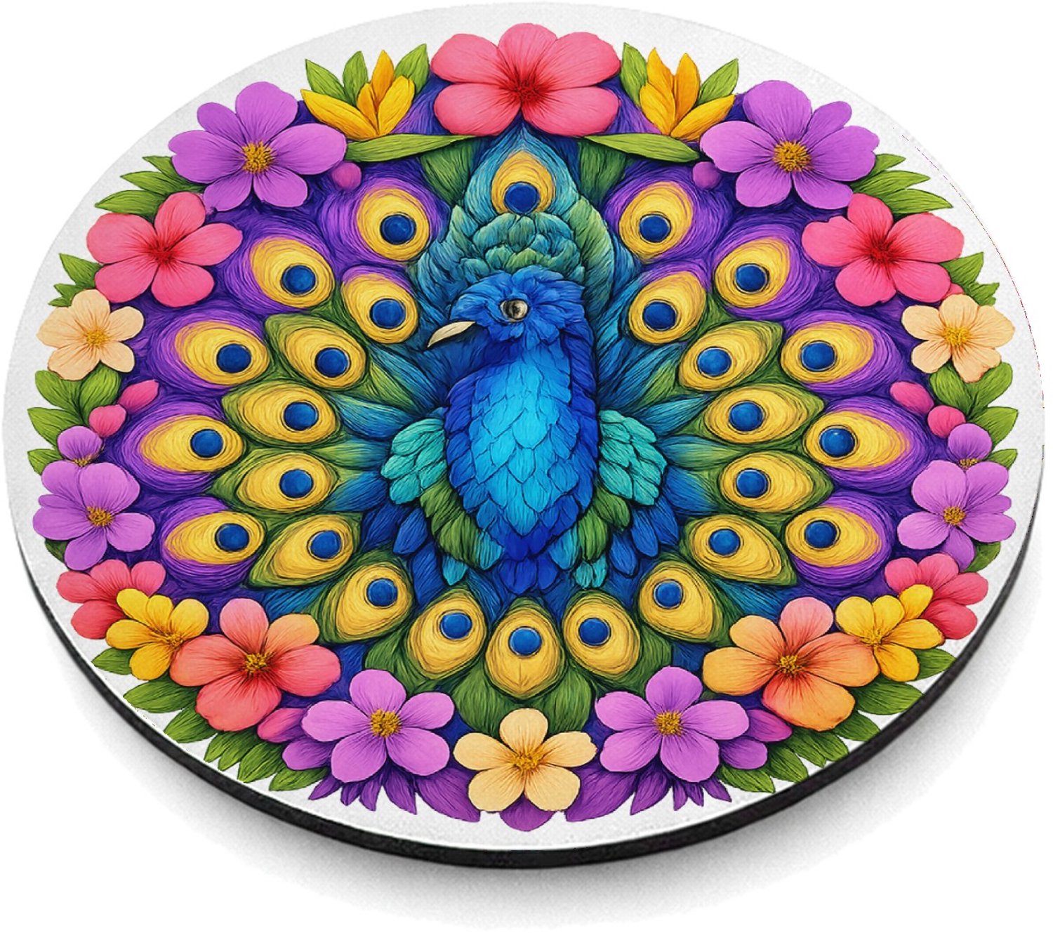 Mr Cadeautjes MDF magnetische fotolijst rond Ø 9,5 - design Een majestueuze mandala van tropische bladeren en bloemen ro | cadeau Wit