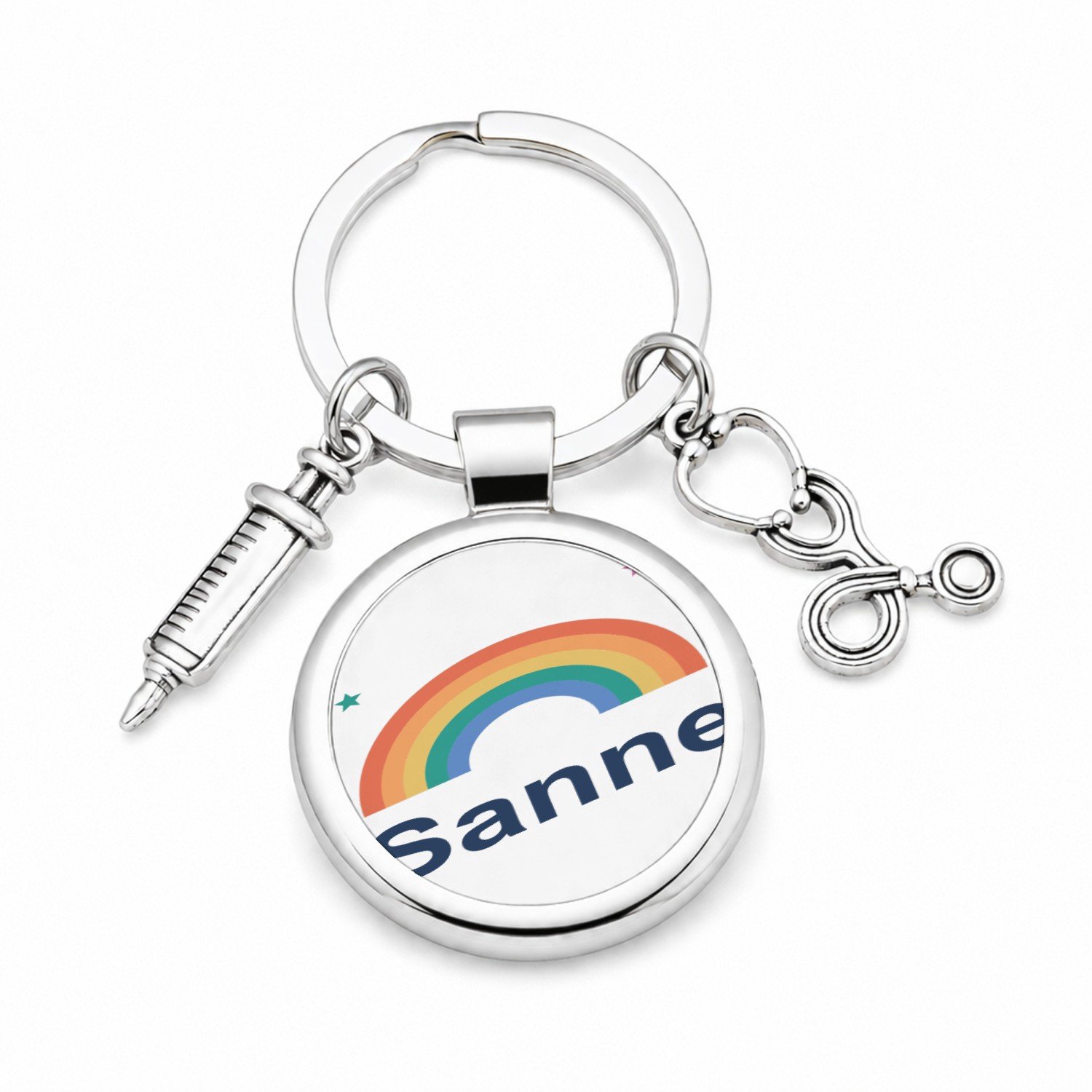 Mr Cadeautjes Metalen sleutelhanger zilver/wit glans - design Regenboog met naam Sanne | cadeau