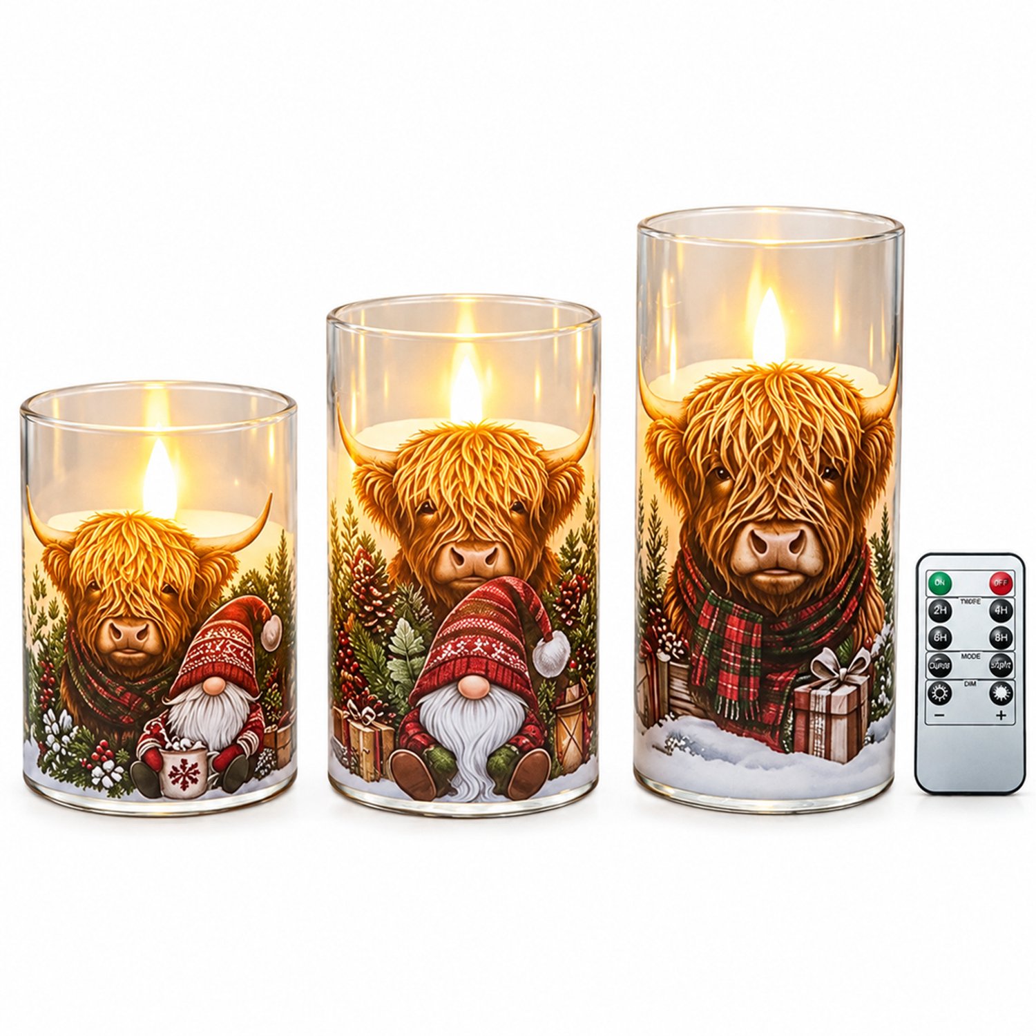 SWGOTA led kaarsen, set van 3 met hooglander- en kerstmotieven, warm licht, afstandsbediening, op batterijen, exclusief batterijen Multicolour