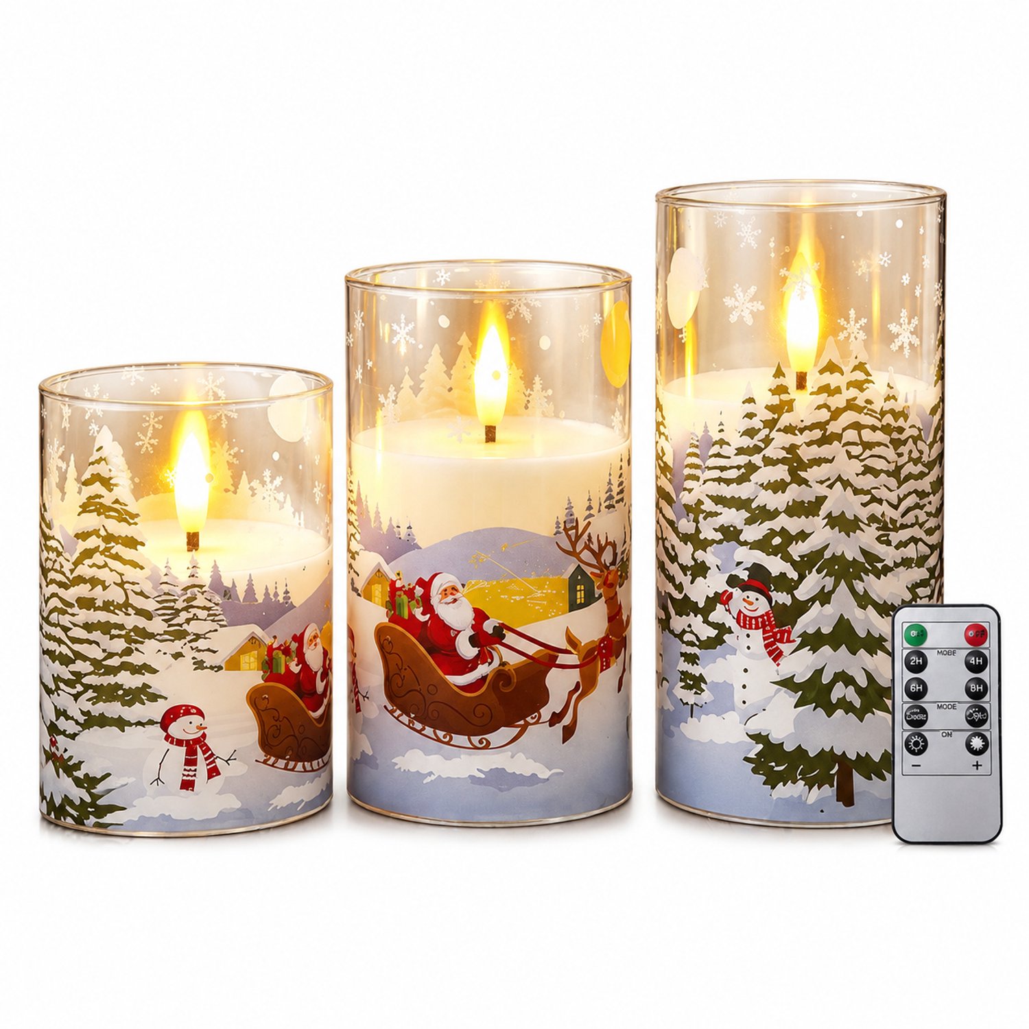 SWGOTA led kaarsen, set van 3 met kerstsneeuwdecor, kunststof cilindervorm, warm vlamloos licht, met afstandsbediening, zonder batterijen Meerkleurig