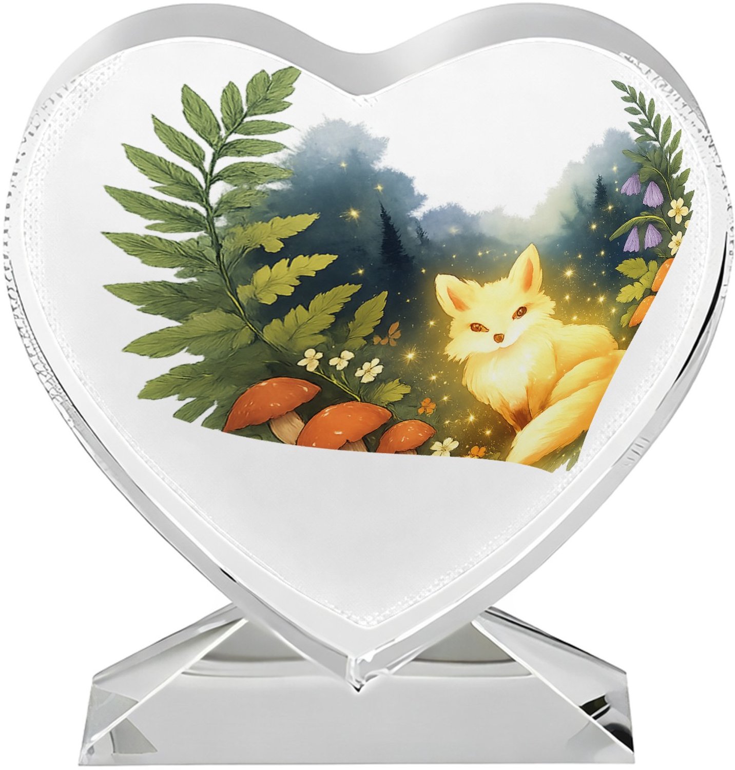 Mr Cadeautjes Fotokristal hart - design Een dromerig boslandschap met een lichtgevende vos tussen va | cadeau Wit