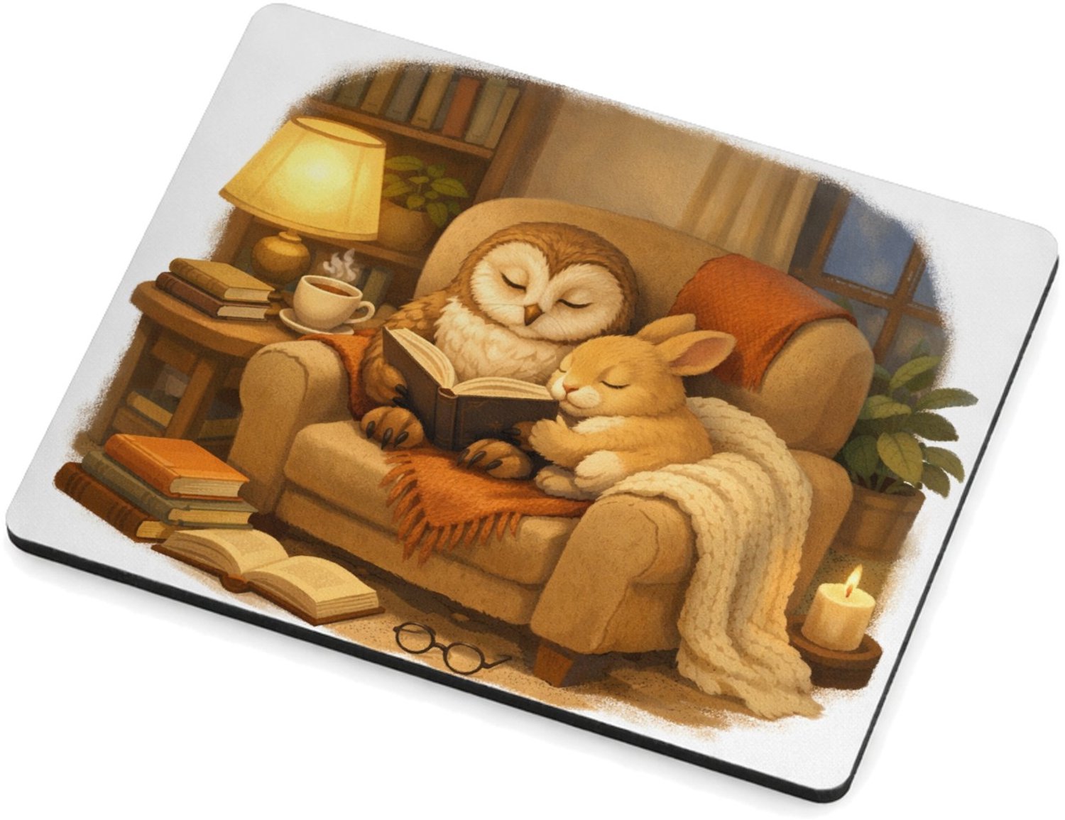 Mr Cadeautjes MDF magnetische fotolijst 9 x 7 - design Een stille leeshoek met een uil en een konijn op een comfort | cadeau Wit