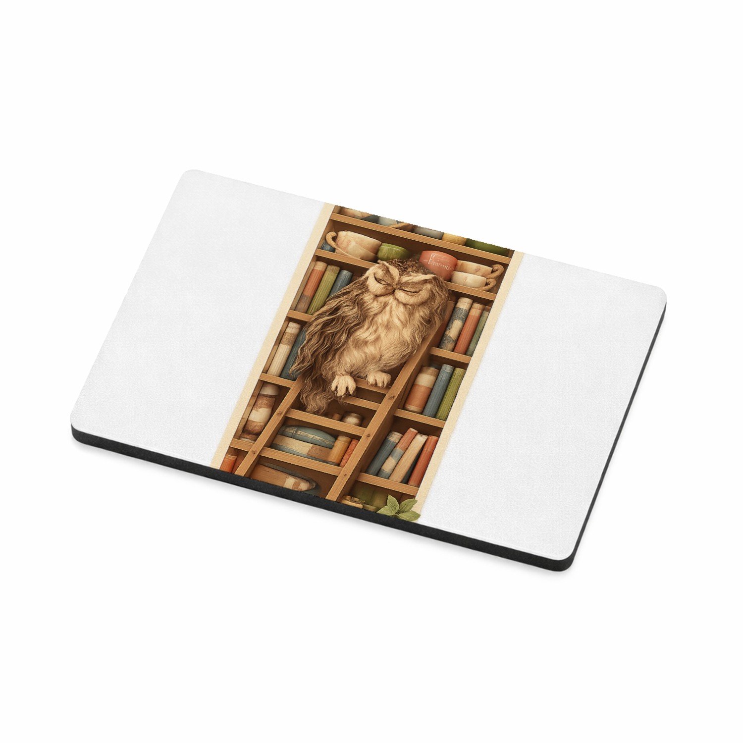 Mr Cadeautjes MDF magnetische fotolijst 7,5 x 5 - design Een slaperige uil op een ladder naast een hoge plank met the | cadeau Wit