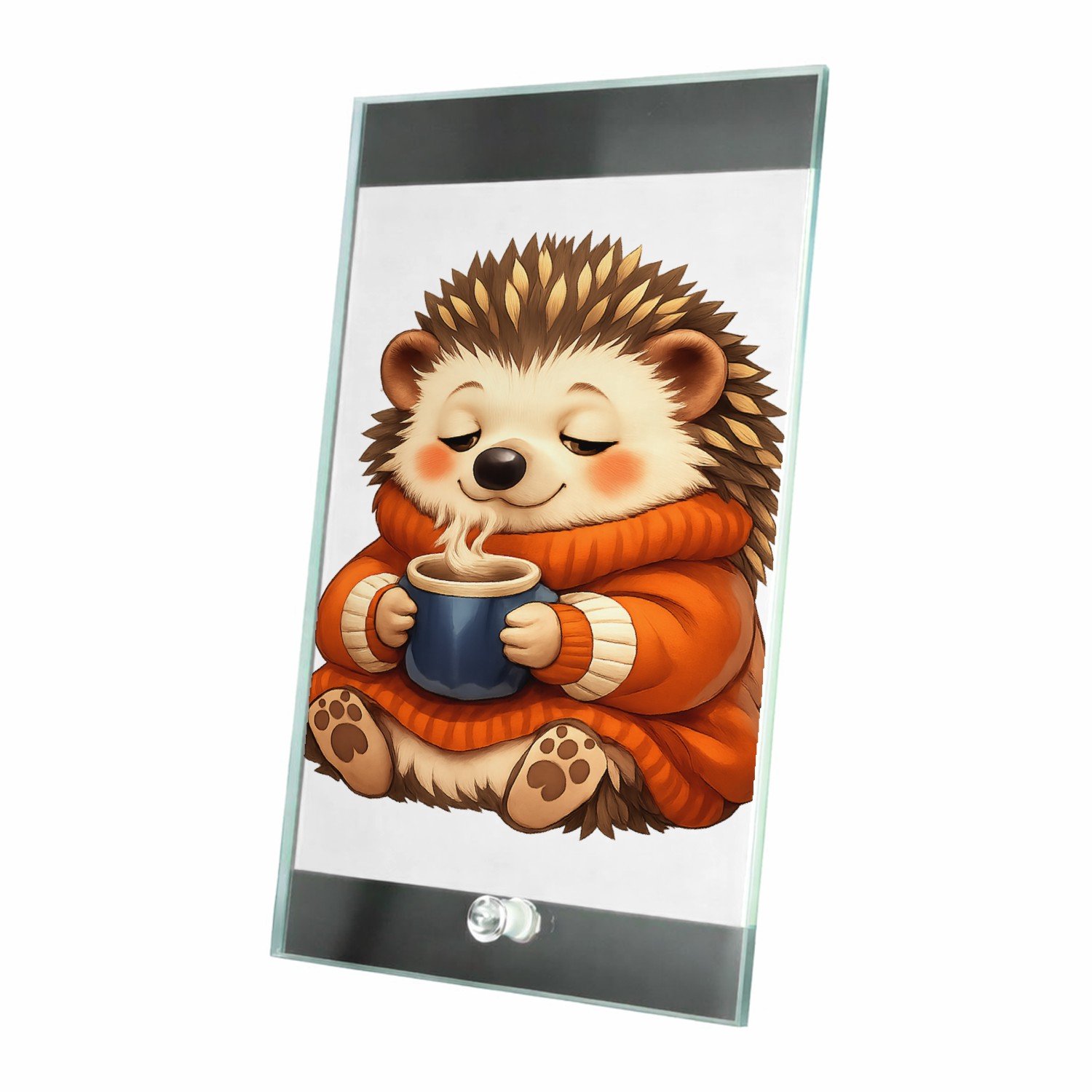 Mr Cadeautjes Glasframe 15 x 23 - design Een slaperige egel in een oversized trui met een warme drank | cadeau Wit