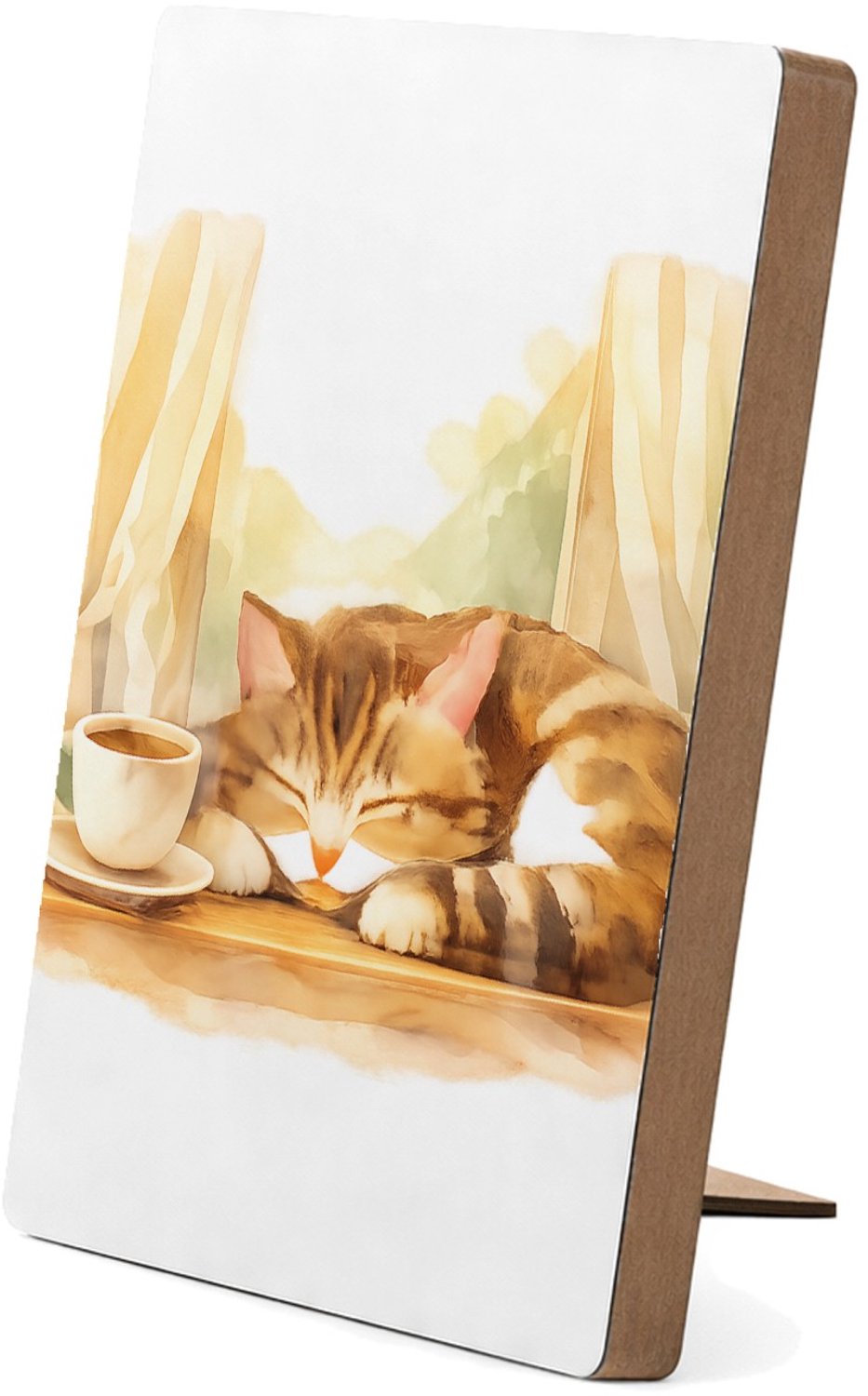 Mr Cadeautjes Glasframe/MDF 12,7 x 17,8 - design Een slapende kat op een vensterbank met een kopje thee en za | cadeau Wit