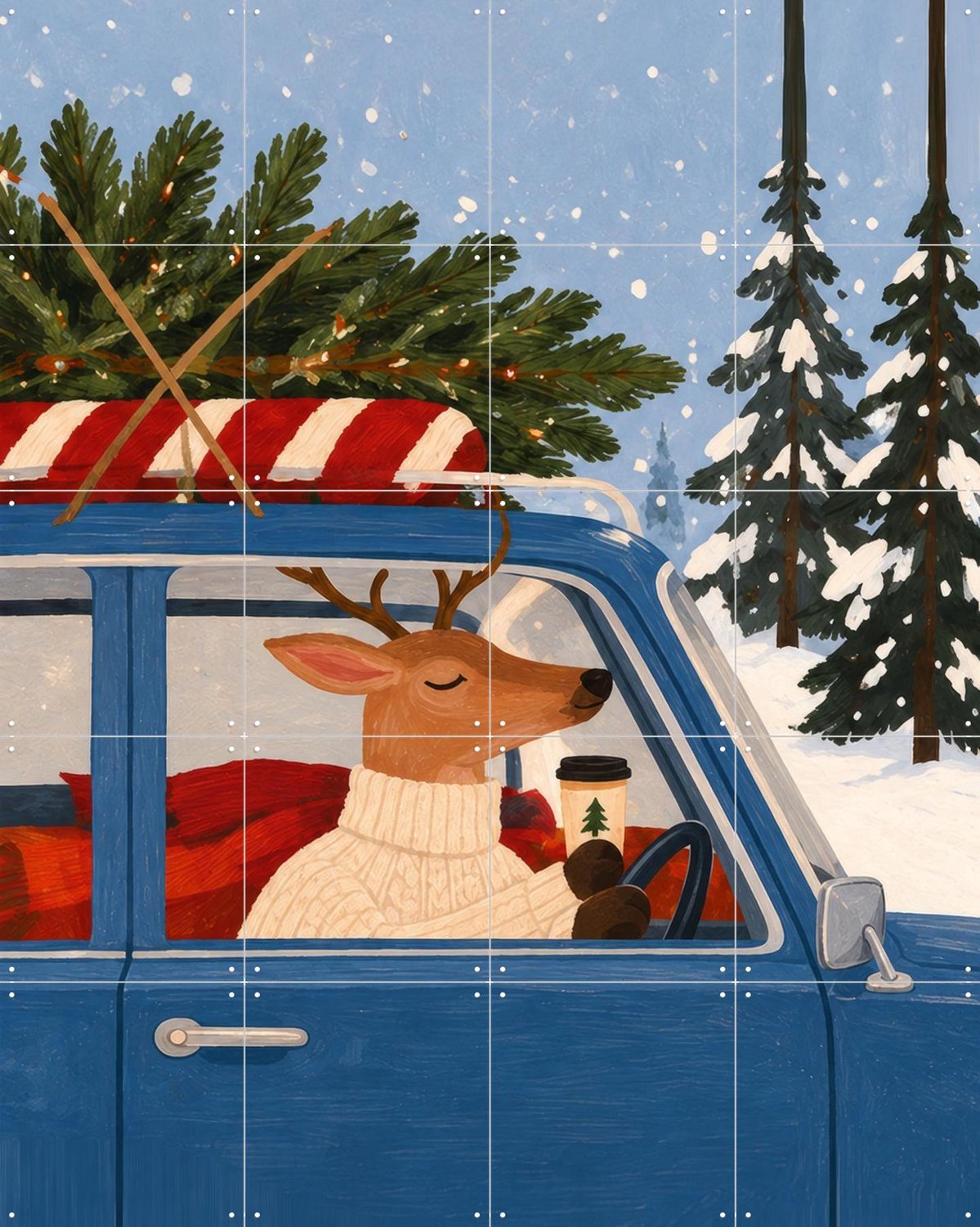 IXXI Driving Home For Christmas, Atelier Pommeline - 80 x 100 cm - Grote wanddecoratie en posters - Fantasierijk, Illustraties, Cartoonesk, Gang Blauw