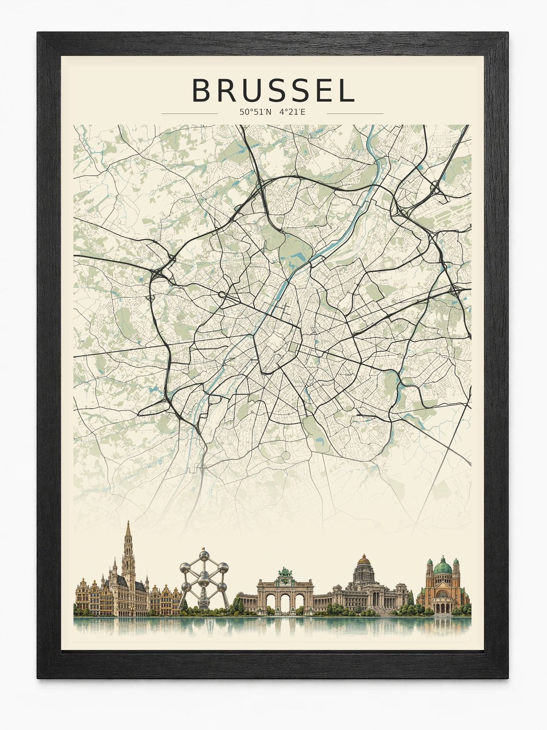Joshimo Brussel Poster | Stadskaart met Skyline | Stadsposter | Inclusief Zwarte A3 Lijst