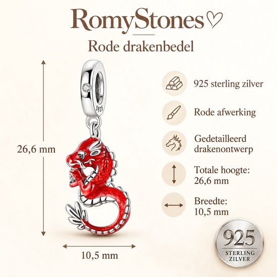 Informatieve afbeelding van de RomyStones rode drakenbedel: 925 sterling zilver, 26,6 mm hoog en 10,5 mm breed.