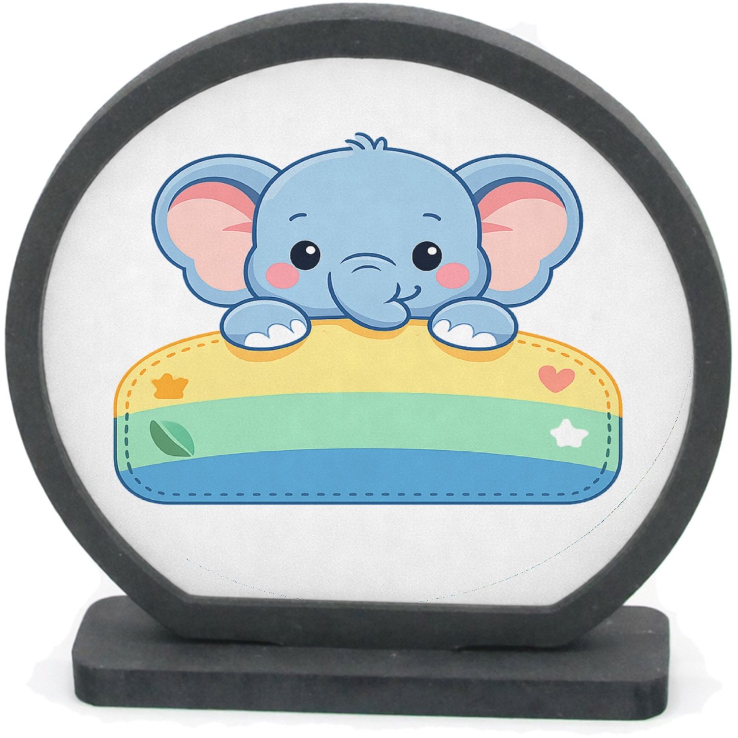 Mr Cadeautjes Houten fotolijst rond met MDF inleg - design Een vrolijke dier-mascotte die half uit een naamplaatje stee | cadeau Wit