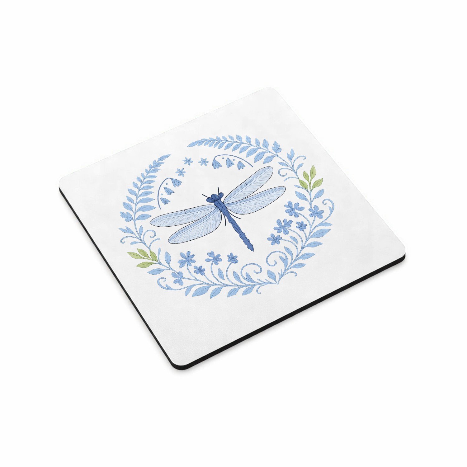 Mr Cadeautjes MDF magnetische fotolijst vierkant 9,5 - design Serene bosrand met libellen en varens in een verfijnd blauw| cadeau Wit