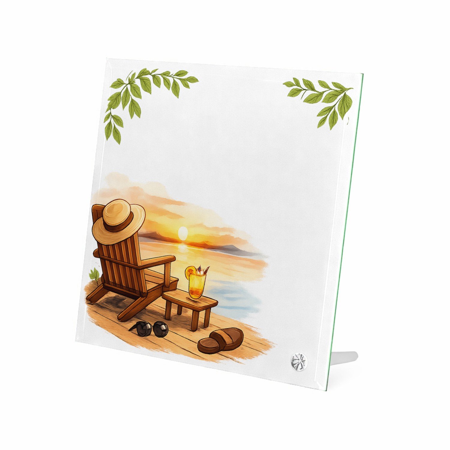 Mr Cadeautjes Glasframe 20 x 20 - design Een vrolijke vrije-tijdsscène in een ligstoel op het strand | cadeau Wit