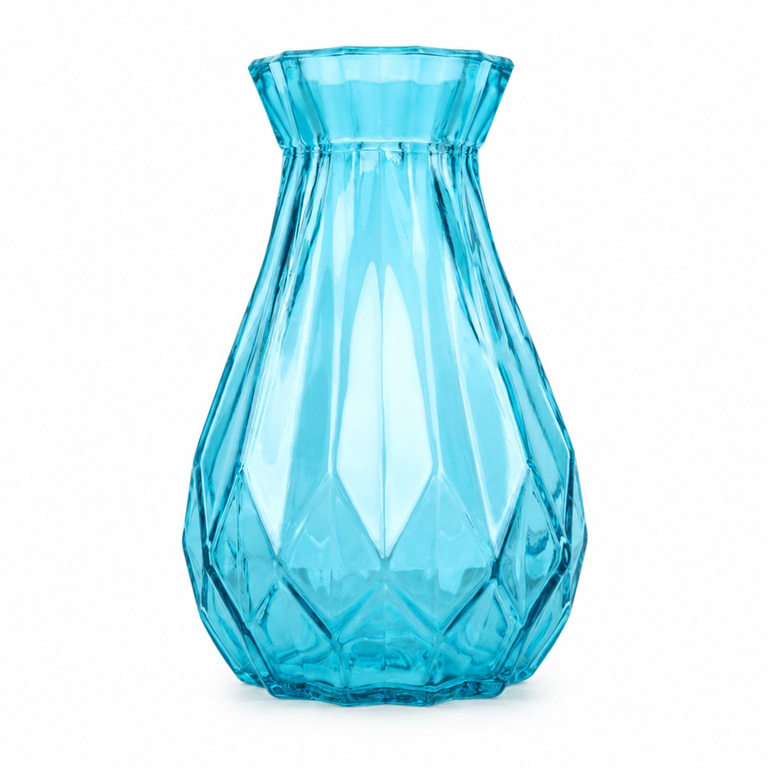 SWGOTA Blauwe glazen vaas 14 cm met origami-geïnspireerde facetten en uitlopende opening, voor droogbloemen, standaardverpakking