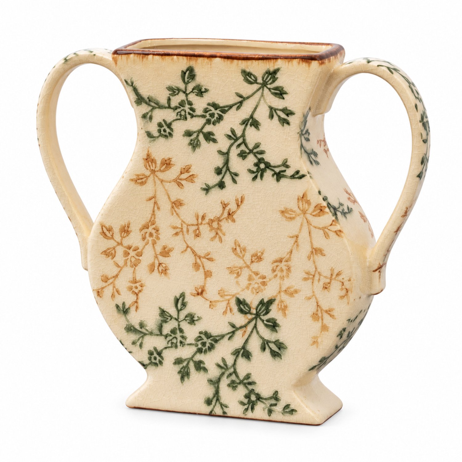 SWGOTA Keramische vaas met twee oren, 23,7 cm hoog en 26,8 cm breed, beige met groen-bruin bladmotief en craquelé, voor kunstbloemen