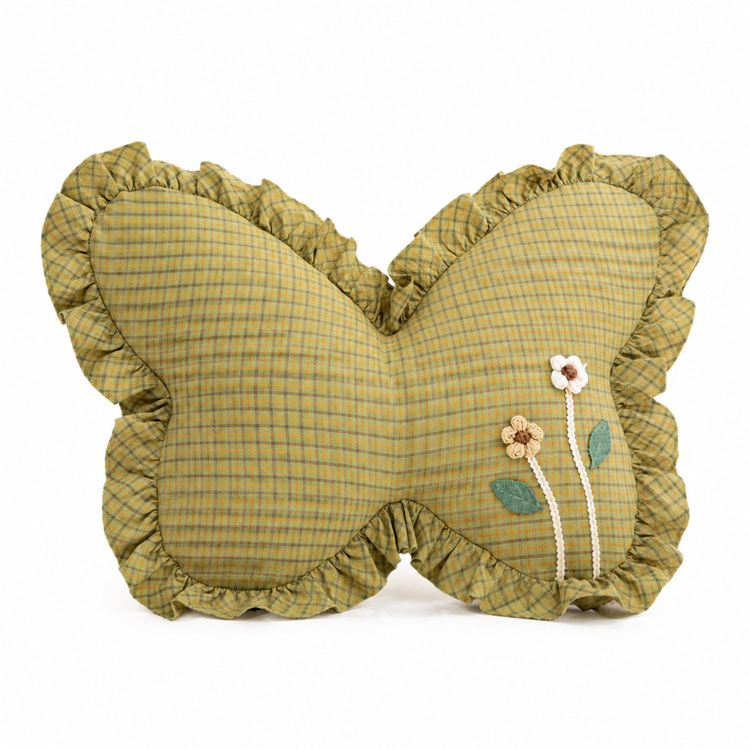 SWGOTA Groen vlindervormig sierkussen 60 x 45 x 10 cm - Afneembare, wasbare katoenen hoes - Ruitpatroon, ruches en bloemapplicaties