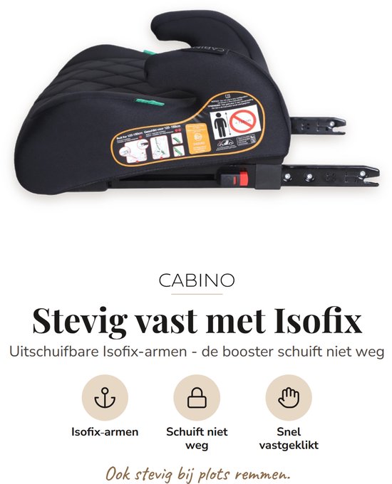 Cabino Zitverhoger Auto – Isofix – i-Size R129 – Autostoel Booster met Armleuningen – Zwart — afbeelding 3