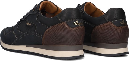 Donkerblauwe Australian sneakers met bruin textuurdetail op de hiel, goudkleurig logo en crèmezool.