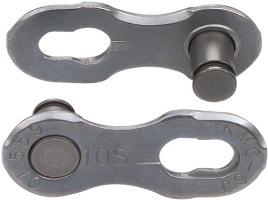 Twee grijze KMC 10S fietsketting-sluitschakels met metalen afwerking.