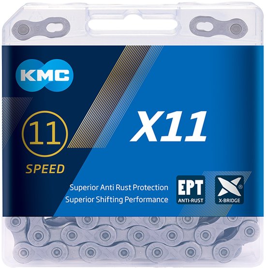 KMC X11 11-speed fietsketting in een transparante verpakking met blauwe label en EPT anti-roest aanduiding.