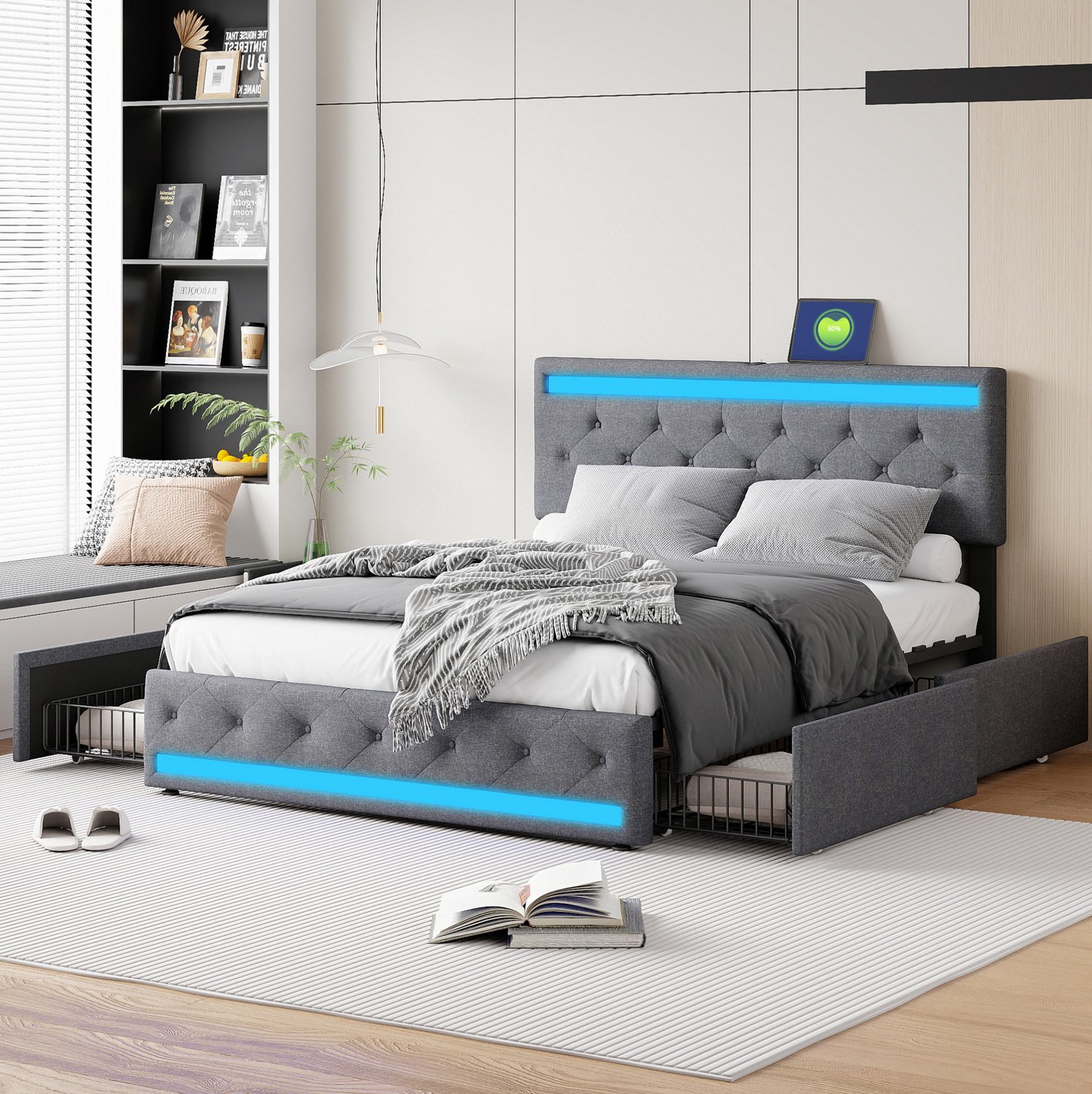 MODFU Tweepersoonsbed - 4 Lades - Ledverlichting En USB-Aansluiting - Linnen Stof - Donkergrijs - 140 X 200 Cm