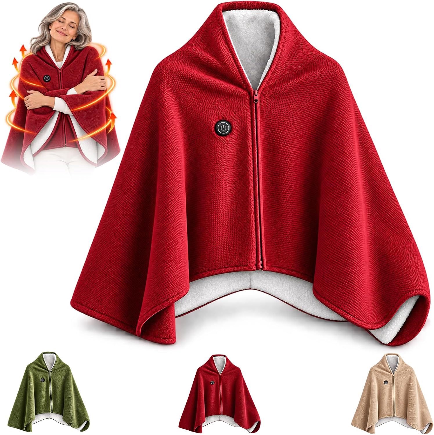 Elektrisch verwarmde cape – Draagbare verwarmde deken-poncho voor dames – 150 x 80 cm – Verwarmde deken om te dragen voorzien van een rits – Werkt op batterijen – 3 warmtestanden – Draagbare verwarmde deken voor thuis of op kantoor Rood