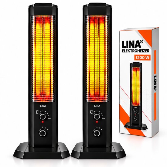 Twee zwarte Lina infraroodkachels van 1200W met oranje gloeielementen, draaiknoppen en bijbehorende productdoos.