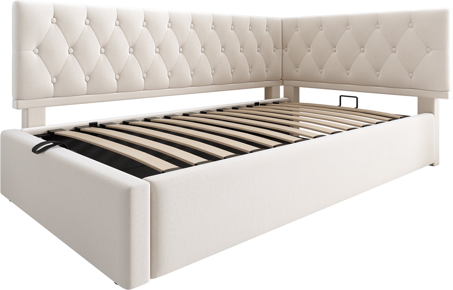 MUVANO Bedbank - Eenpersoonsbed met opbergruimte - Hydraulisch hefmechanisme - Fluweel en houten lattenbodem - 90x200 cm - Kinderkamer beige