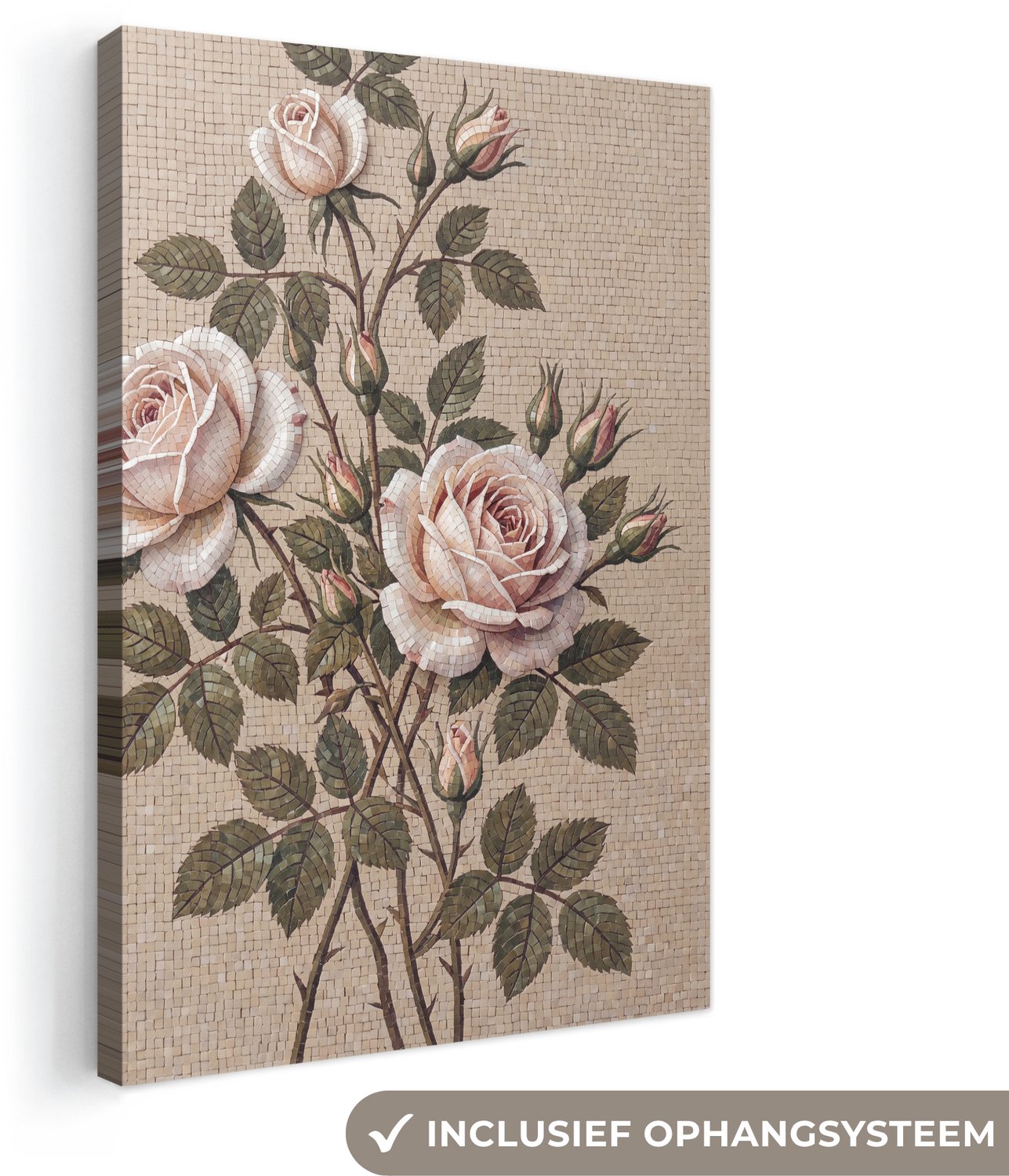 Canvas schilderij 20x30 cm - Exclusieve wanddecoratie Roos - Mozaïek - Bloemen - Klassiek - Beige - Muurdecoratie woonkamer - Slaapkamer decoratie - Kamer accessoires - Schilderijen op canvas