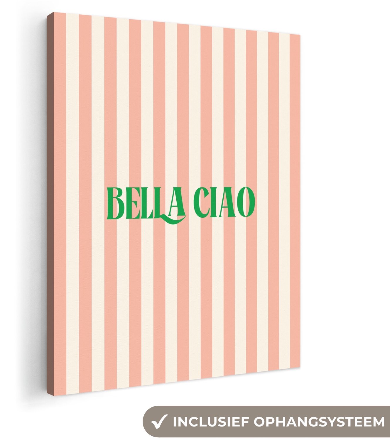 Canvas schilderij 60x80 cm - Exclusieve wanddecoratie Zachtroze - Groen- Strepen - Bella Ciao - Muurdecoratie woonkamer - Slaapkamer decoratie - Kamer accessoires - Schilderijen op canvas